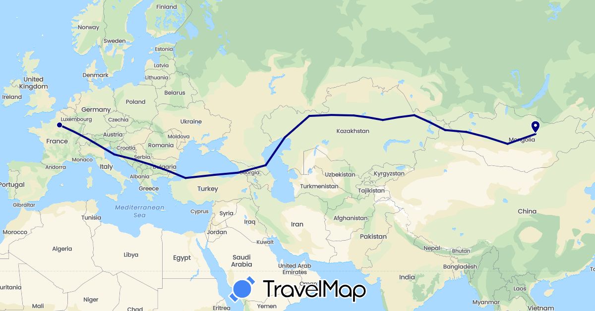 TravelMap itinerary: driving in China, France, Georgia, Croatia, Kazakhstan, Mongolia, Russia, Turkey (Asia, Europe)